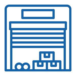 Blue line icon of a storage unit with an open door, showing stacked boxes and two round objects inside—ideal for illustrating self storage software or storage facility management solutions.