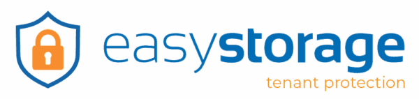 EasyStorage tenant protection logo, perfect for self storage software, featuring a blue shield and orange padlock icon on the left, with blue and orange text on the right.