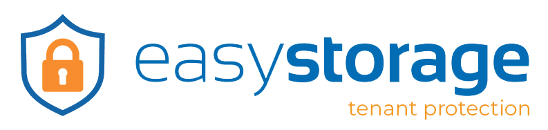EasyStorage tenant protection logo, perfect for self storage software, featuring a blue shield and orange padlock icon on the left, with blue and orange text on the right.