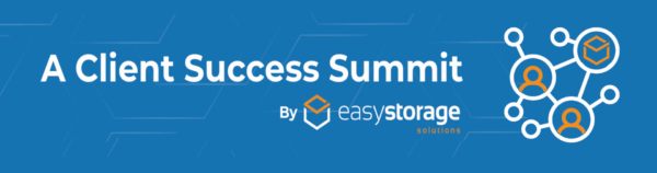 Blue banner with white text reading "A Client Success Summit by Easy Storage Solutions," featuring network diagram icons on the right—highlighting innovations in self storage software and storage unit management.