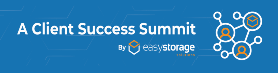 Blue banner with white text reading "A Client Success Summit by Easy Storage Solutions," featuring network diagram icons on the right—highlighting innovations in self storage software and storage unit management.