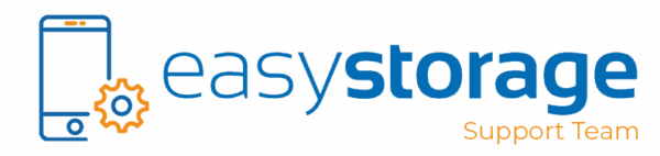 Logo for "easystorage Support Team" featuring a blue smartphone icon with an orange gear on the left, highlighting software for storage units, and the company name in blue and orange text on the right.