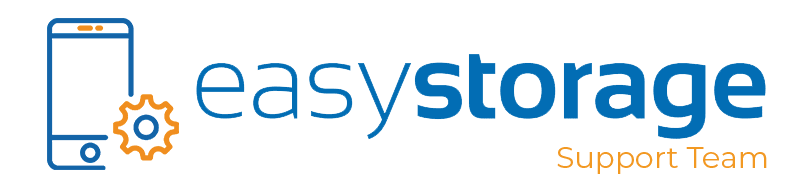 Logo for "easystorage Support Team" featuring a blue smartphone icon with an orange gear on the left, highlighting software for storage units, and the company name in blue and orange text on the right.