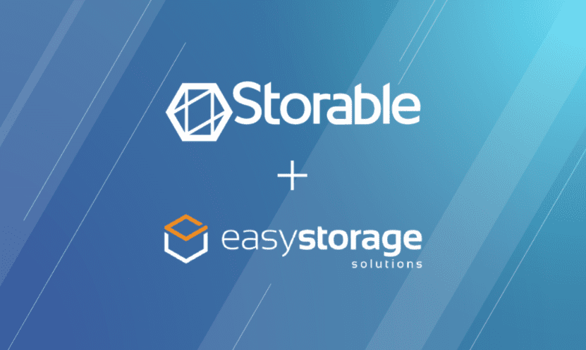 Storable and Easy Storage Solutions logos displayed on a blue gradient background, separated by a plus sign, representing leading self storage software for storage unit management.