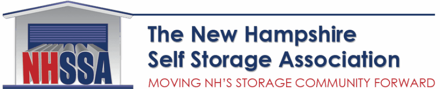 Logo for The New Hampshire Self Storage Association featuring a storage unit graphic and the tagline "MOVING NH’S STORAGE COMMUNITY FORWARD," reflecting expertise in storage facility management.