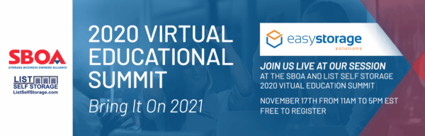 Banner for the 2020 Virtual Educational Summit by SBOA and List Self Storage, featuring an Easy Storage Solutions session on storage unit management, November 17th from 11AM to 5PM EST. Free registration!.