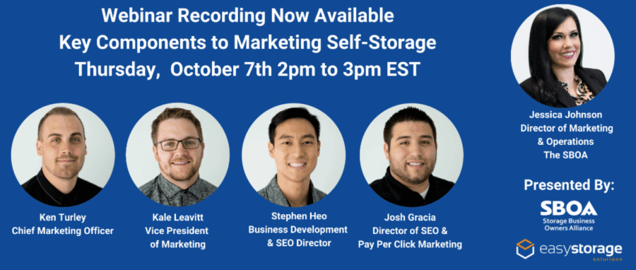 Webinar recording on marketing self-storage featuring headshots of four speakers and moderator details, presented by SBOA and Easy Storage Solutions, with insights on software for storage units and storage facility management.