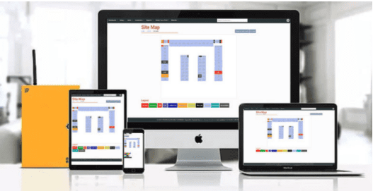 A responsive website for storage facility management is displayed on a desktop, laptop, tablet, and smartphone, each showing the same site map layout on their screens.