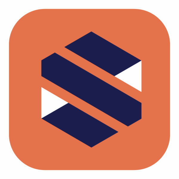 Navy blue hexagon logo with diagonal stripes and white triangles on an orange rounded square background.