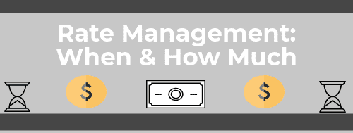 Gray banner with the text "Rate Management: When & How Much" in white, flanked by hourglasses, dollar signs, and a dollar bill icon—ideal for those focused on storage unit management and optimizing pricing strategies.