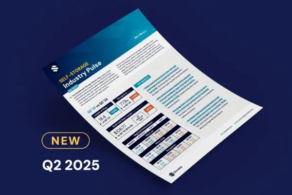 A printed report titled "Self-Storage Industry Pulse" with charts and data is displayed on a dark surface, labeled as "NEW Q2 2025.