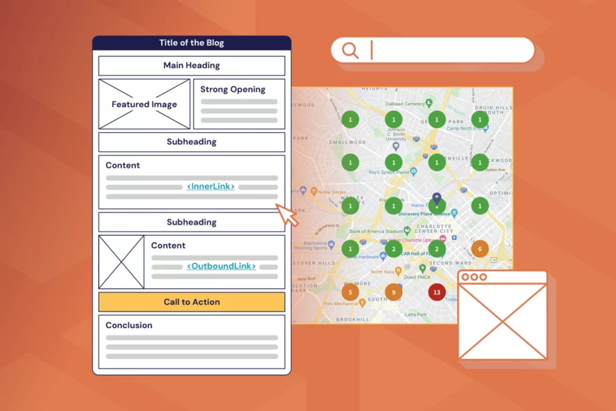 A series of screenshots showing a blog post, map, mail, and search icons