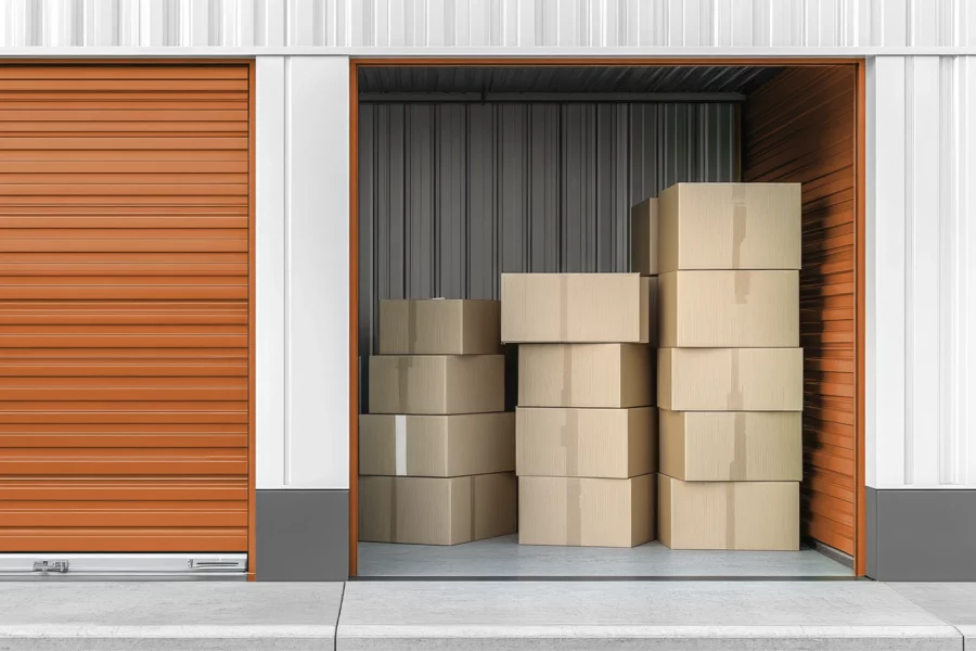 Several stacked cardboard boxes inside an open storage unit with orange roll-up doors and a concrete floor, ideal for showcasing self storage software that streamlines storage unit management.