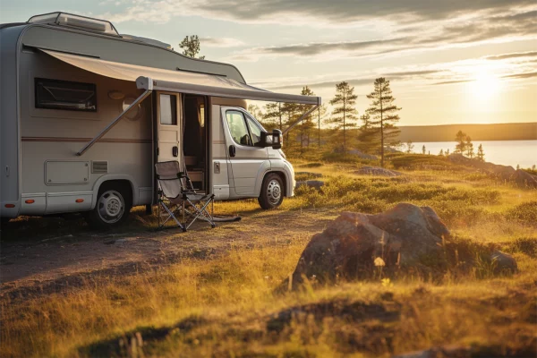 An RV parked at a beautiful wooded lake front at sunset with a camping chair set up beside it.