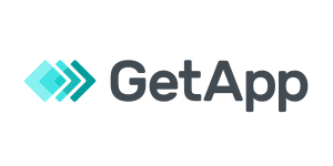 GetApp logo featuring three overlapping turquoise diamond shapes followed by the text "GetApp" in bold, dark gray font.